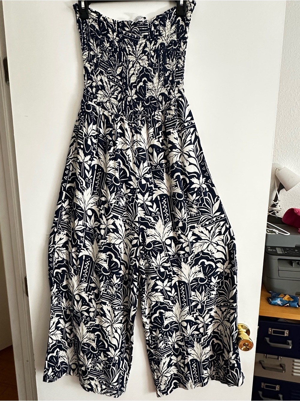 Patrons of Peace Navy & White Strapless Printed Jumpsuit